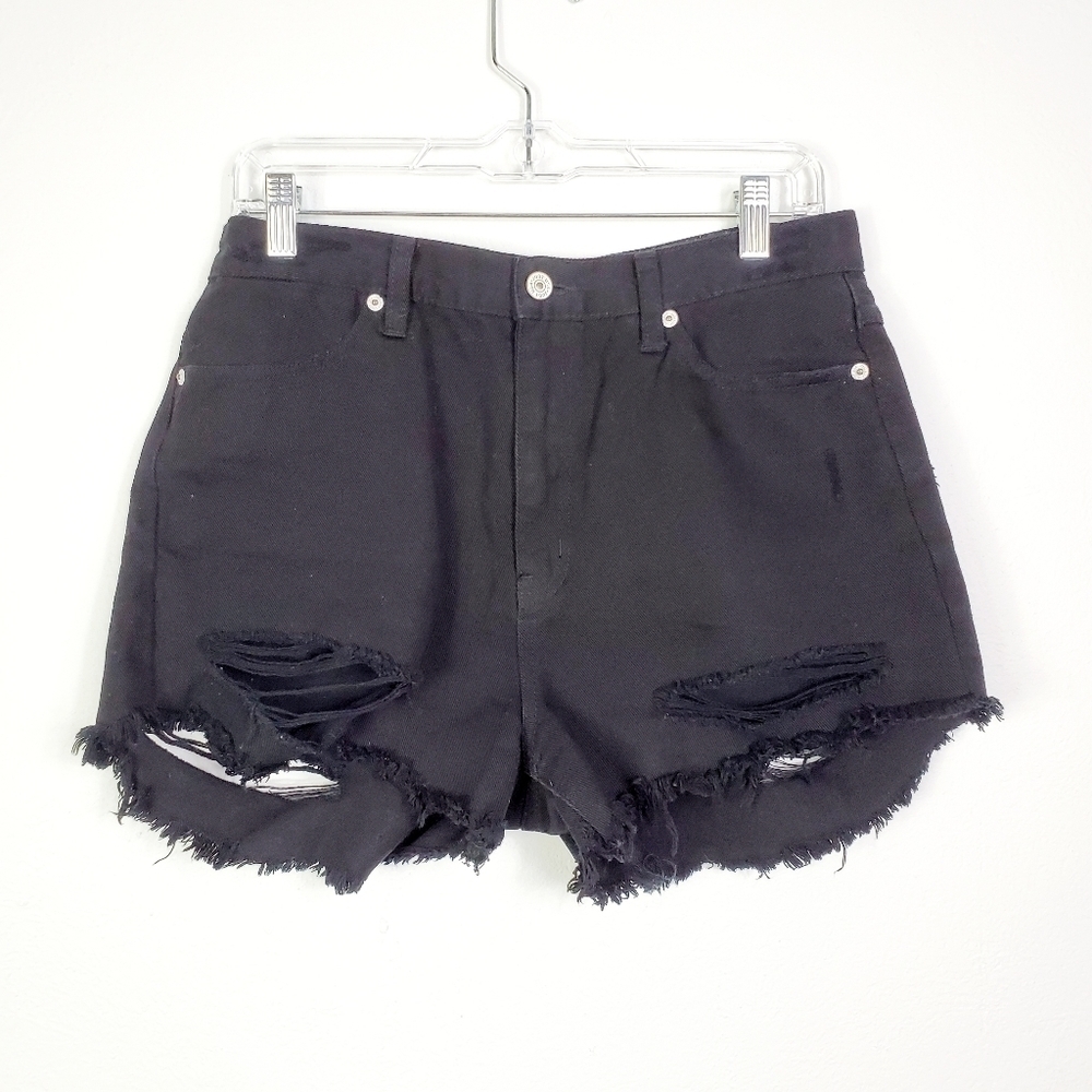 JUSTUSA DISTRESSED HIGH RISE DENIM SHORTS